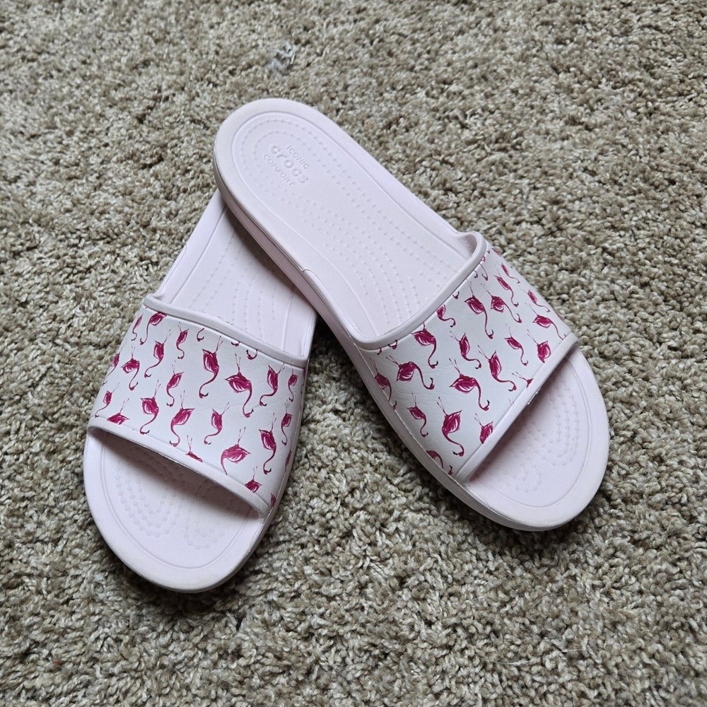 Crocs Kelli Flamingo Slide Sandals Womens 9 Pink Tropical Print 205798 fun girly